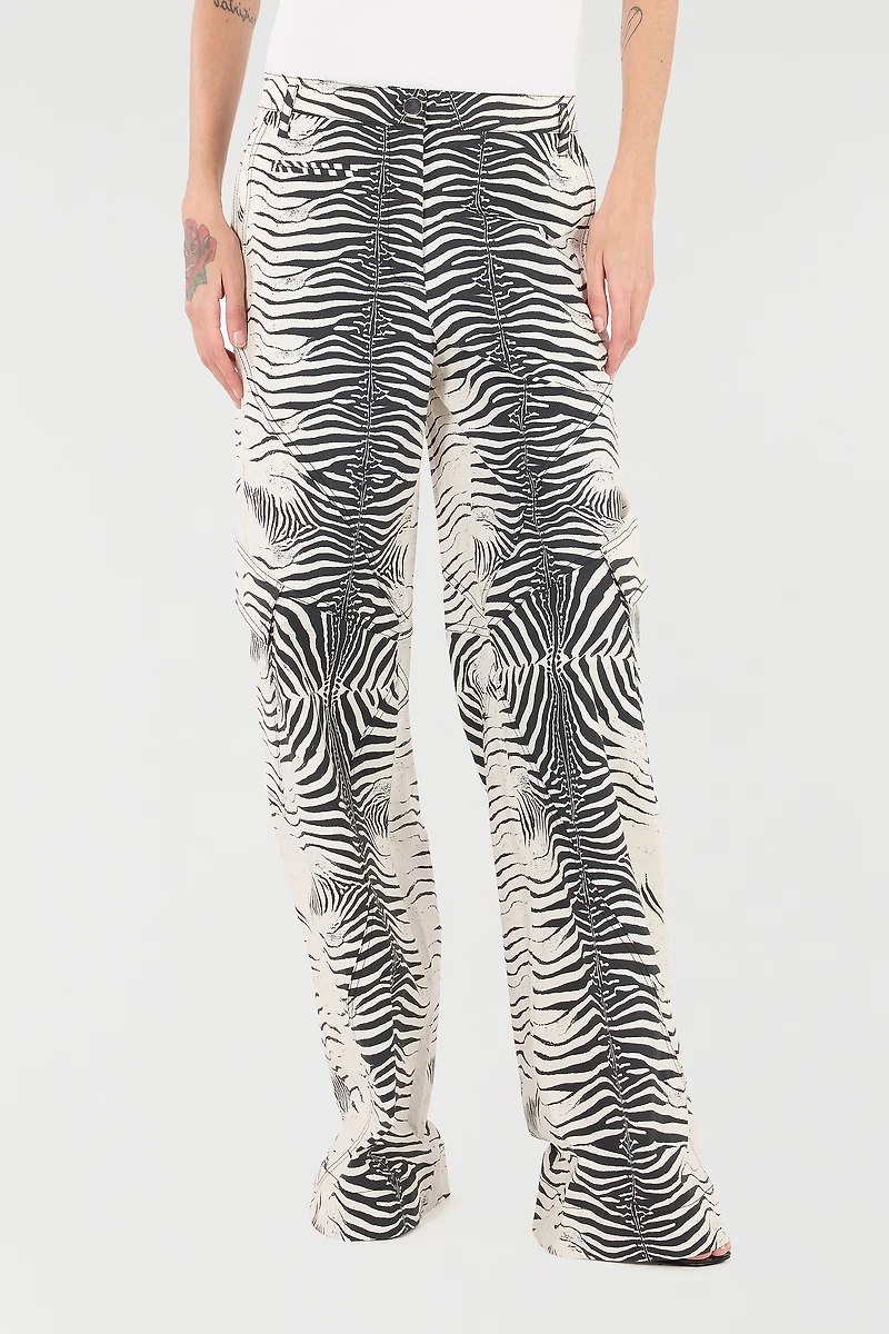 Stretch Cotton Pants With White Tigress Print