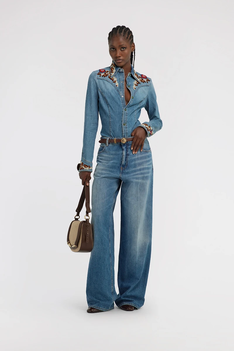 Blue Denim Shirt With Floral Embroidery