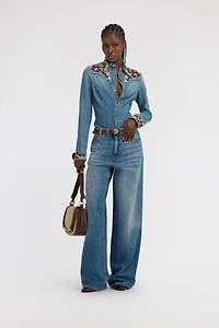 Blue Denim Shirt With Floral Embroidery
