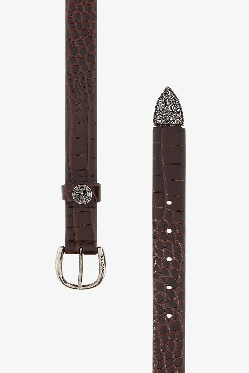 Brown Croc-Effect Logo Belt