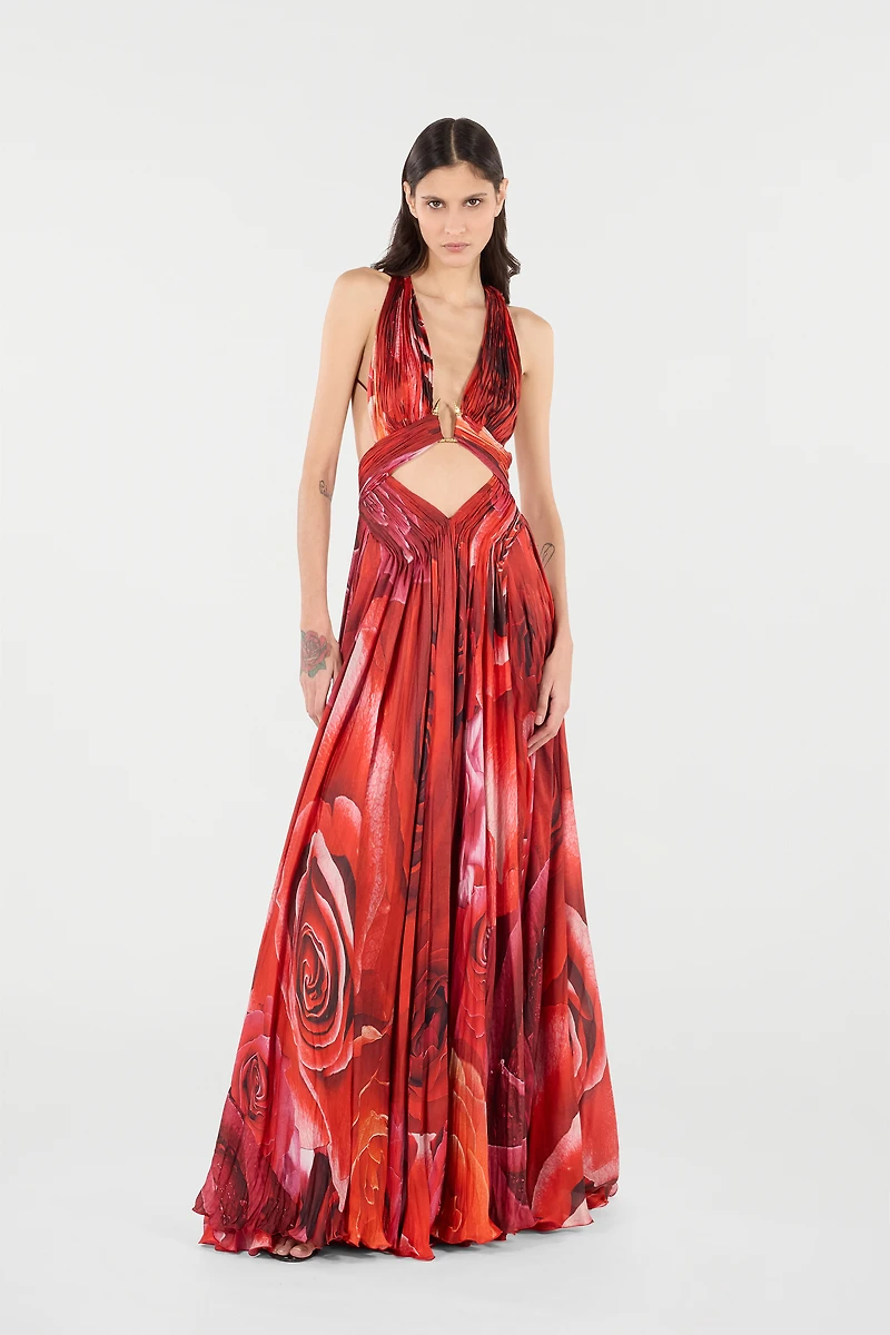 Long Dress With Rose Print And Cut-Out