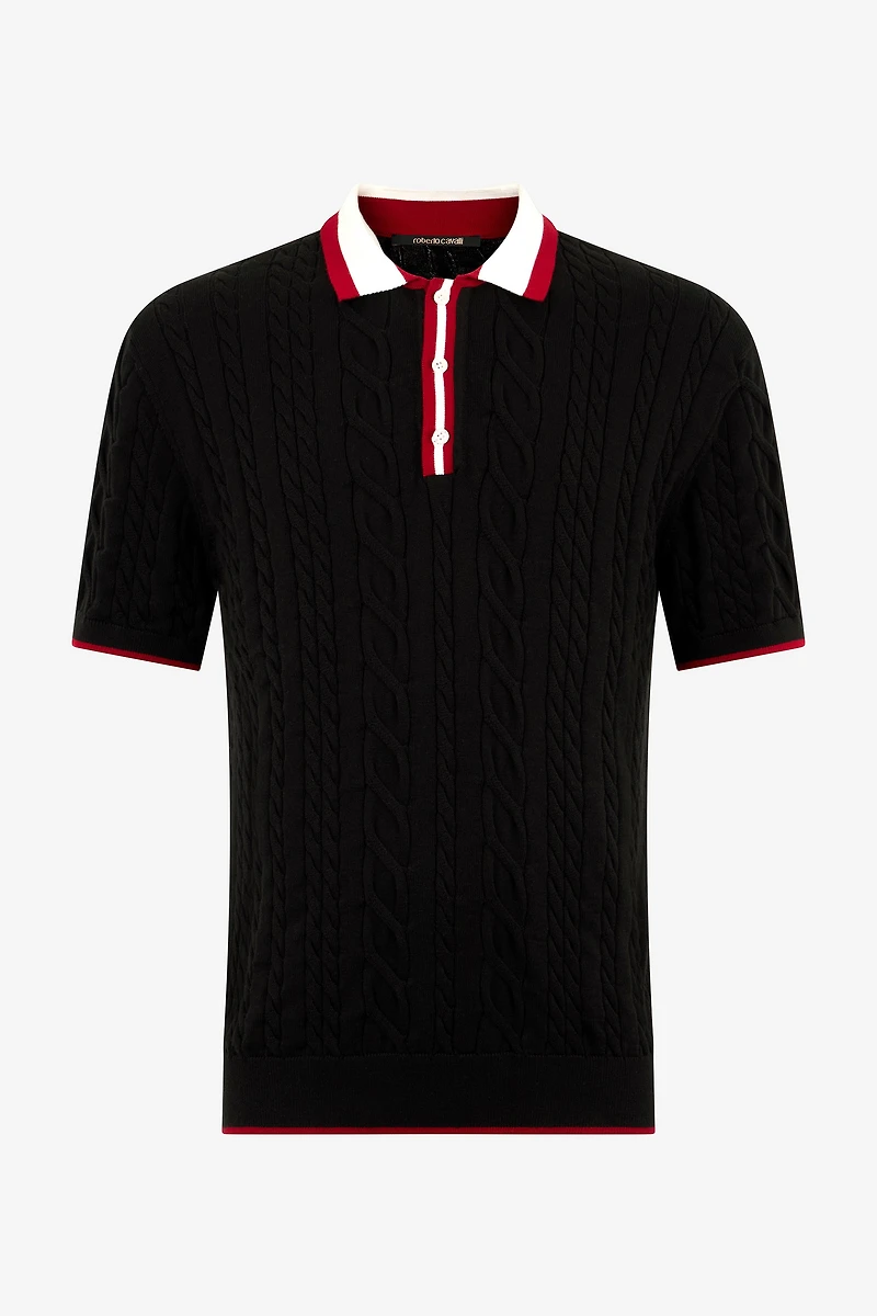 Black Cable Knit Polo With Contrast Trim