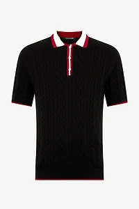 Black Cable Knit Polo With Contrast Trim