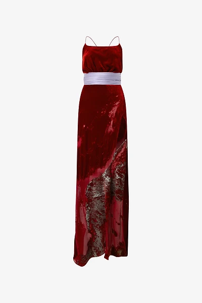 Long Dark Red Dress With Marine Print
