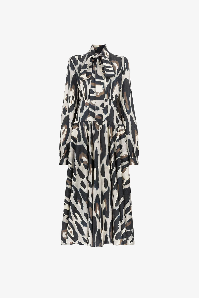 Animal-print linen midi dress
