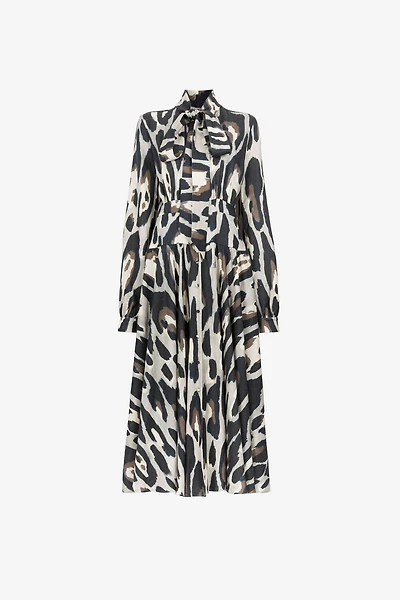 Animal-print linen midi dress