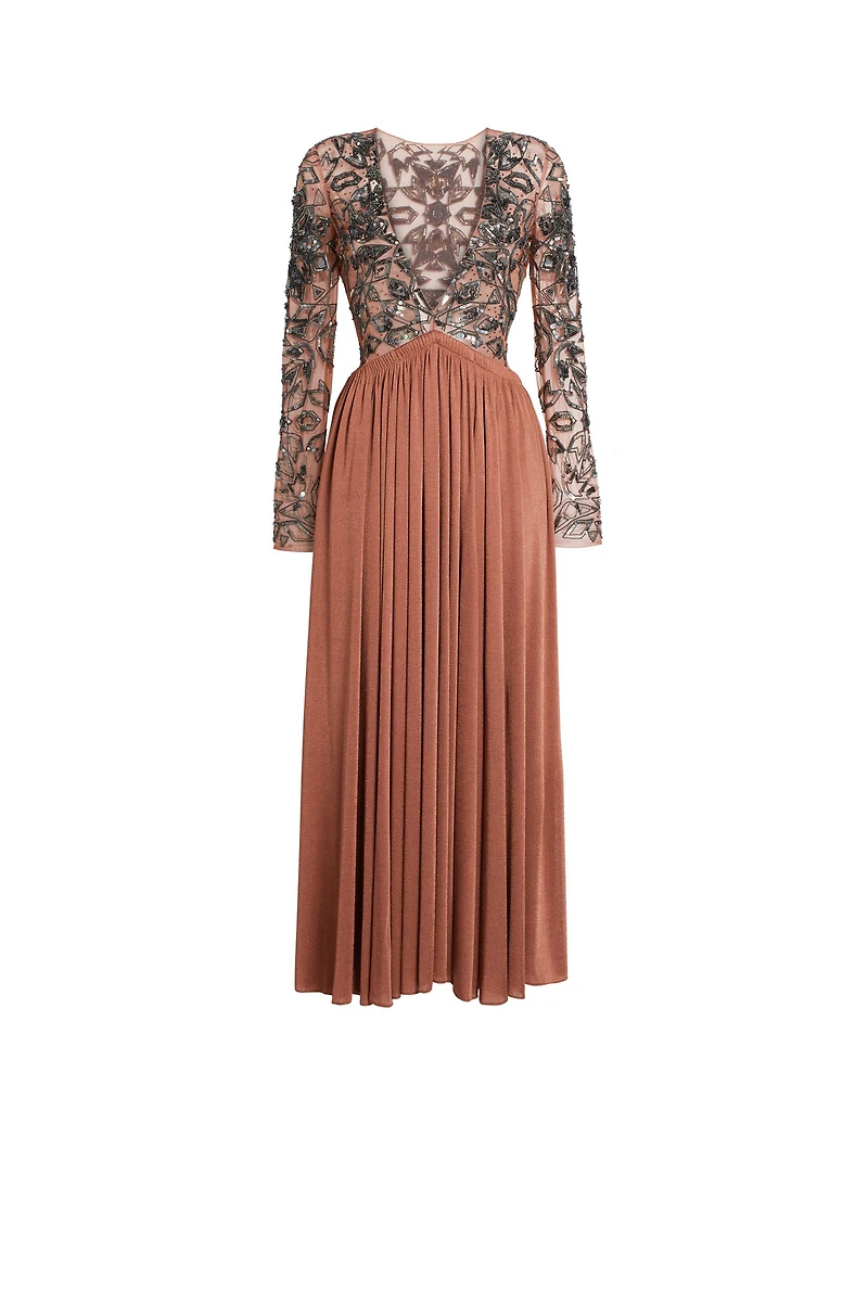 Long V-neck sequin embroidered dress