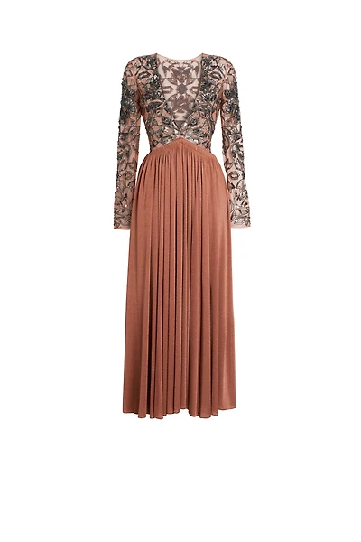 Long V-neck sequin embroidered dress