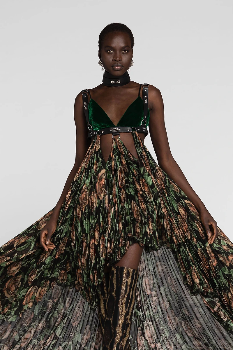 Patterned pleated maxi dress