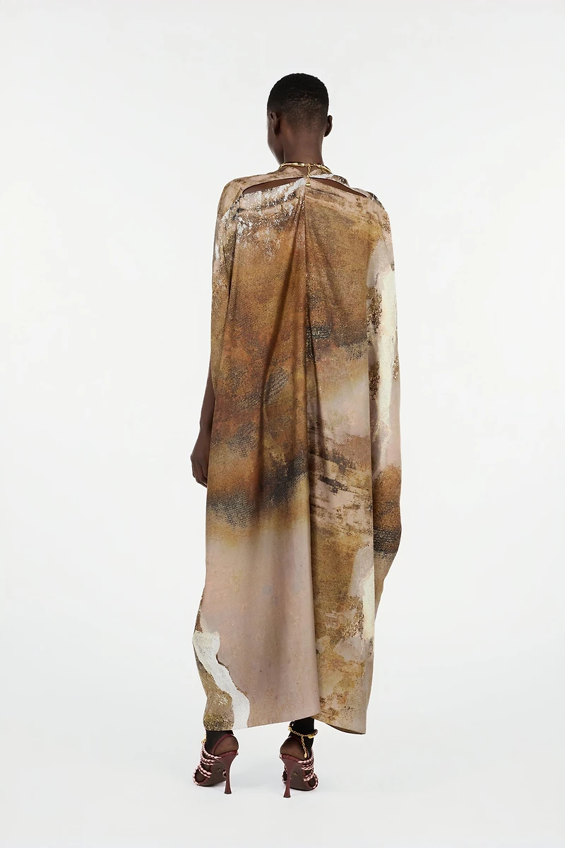 Beige Silk Caftan With Marble Print