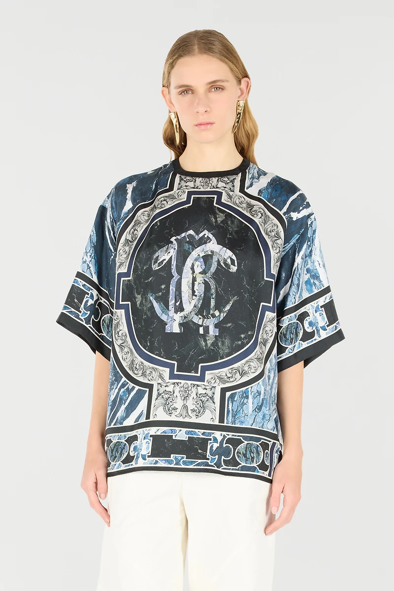 T-Shirt With Mirror Snake Monogram And Marble Print