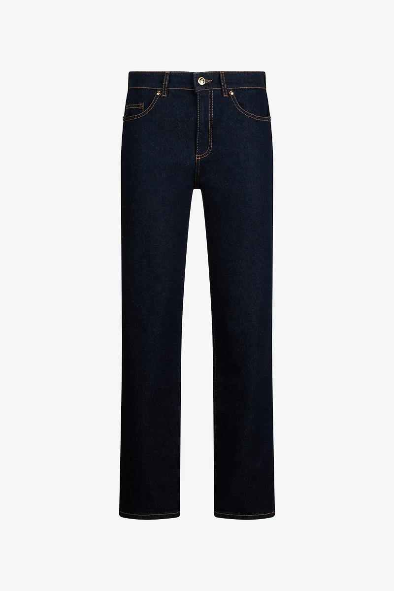 Dark Blue Straight Leg Jeans With Contrast Stitching