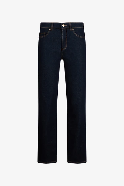 Dark Blue Straight Leg Jeans With Contrast Stitching