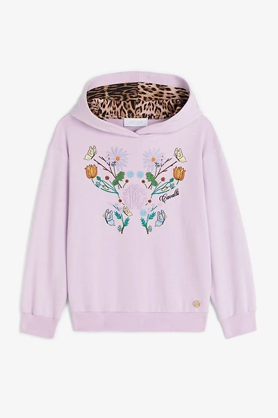 Floral-embroidered cotton hoodie