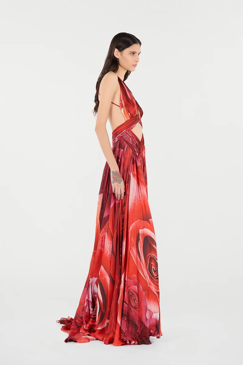 Long Dress With Rose Print And Cut-Out