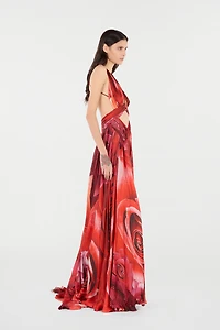 Long Dress With Rose Print And Cut-Out
