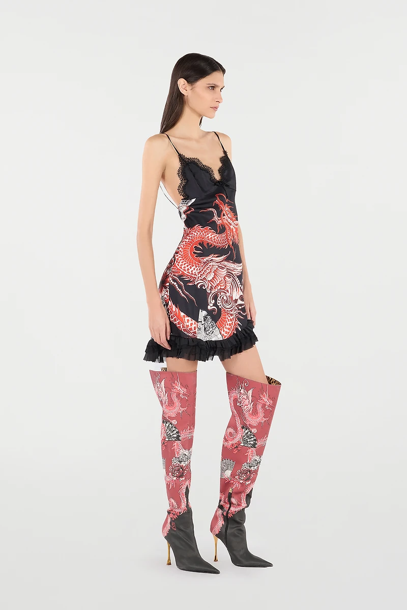 Silk Mini Dress With Dragon And Ruches