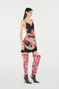 Silk Mini Dress With Dragon And Ruches