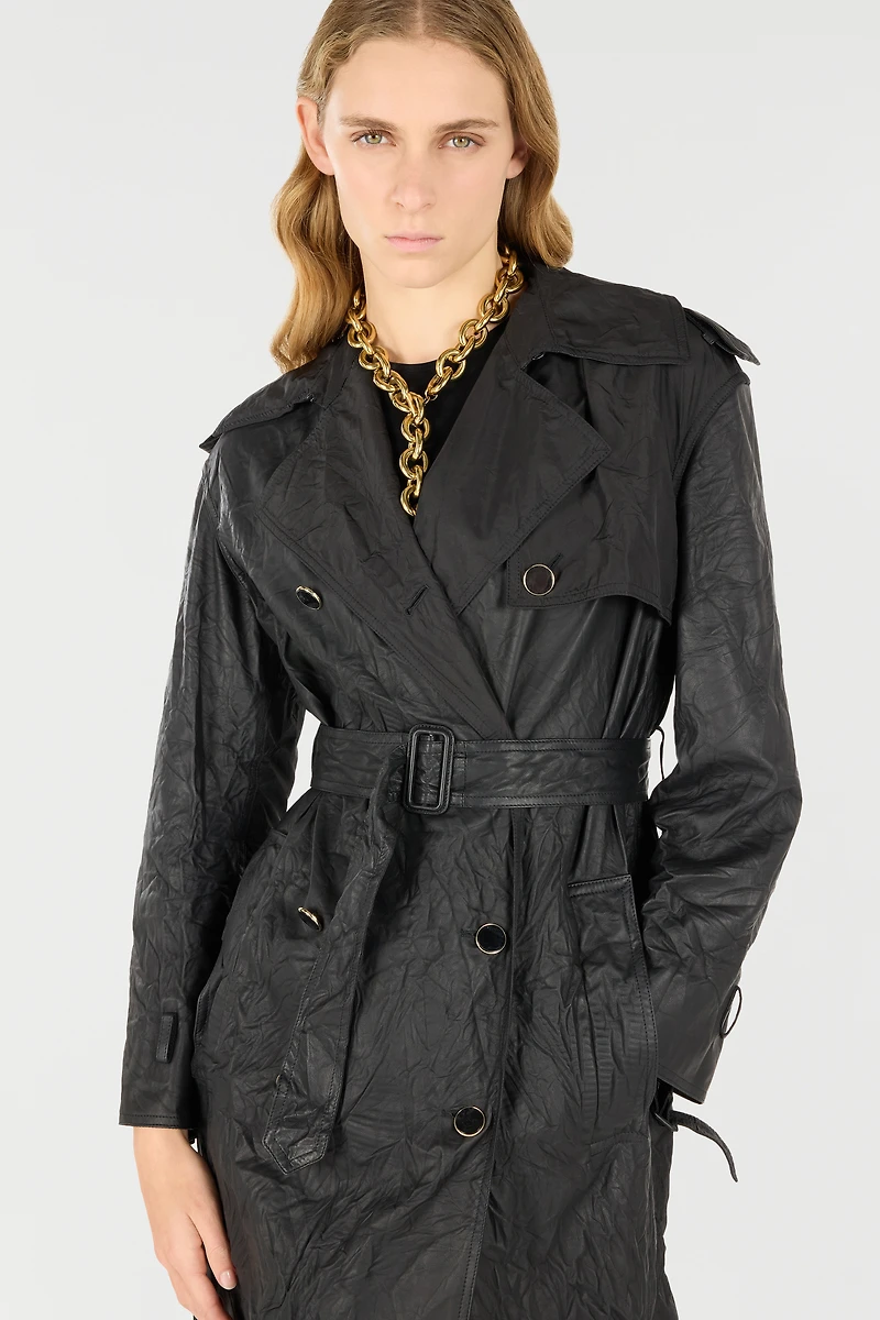 Long Crinkle-Effect Trench Coat