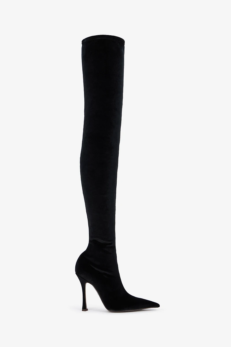 Black Satin Pointed-Toe Thigh High Boots