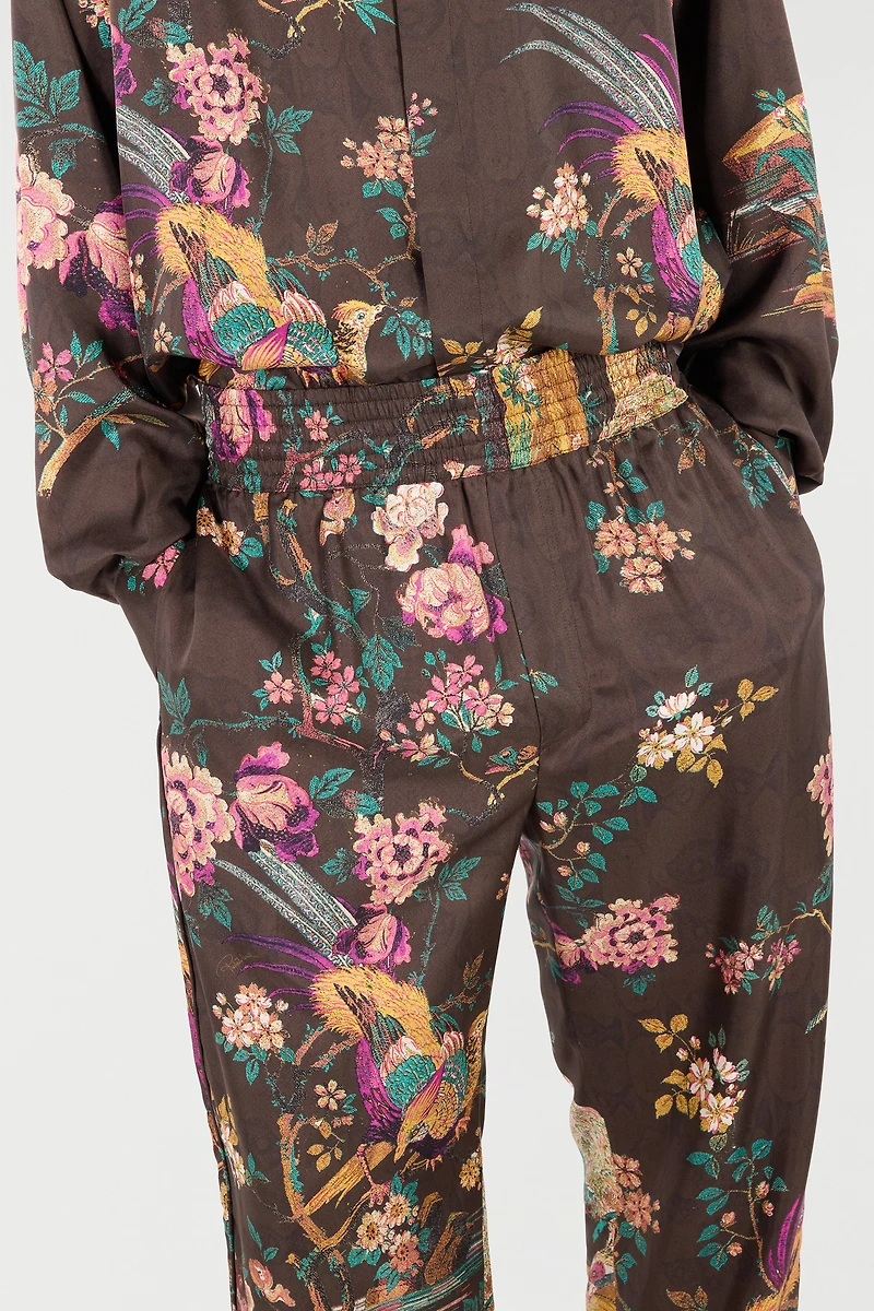 Silk Pants With Oriental Bird Print