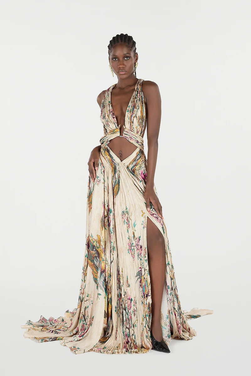 Extra-Long Silk Dress With Oriental Bird Print