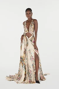 Extra-Long Silk Dress With Oriental Bird Print
