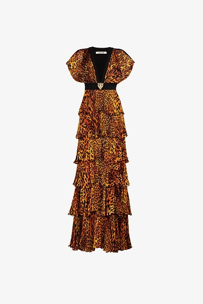 Jaguar-Print Pleated Silk Maxi Dress