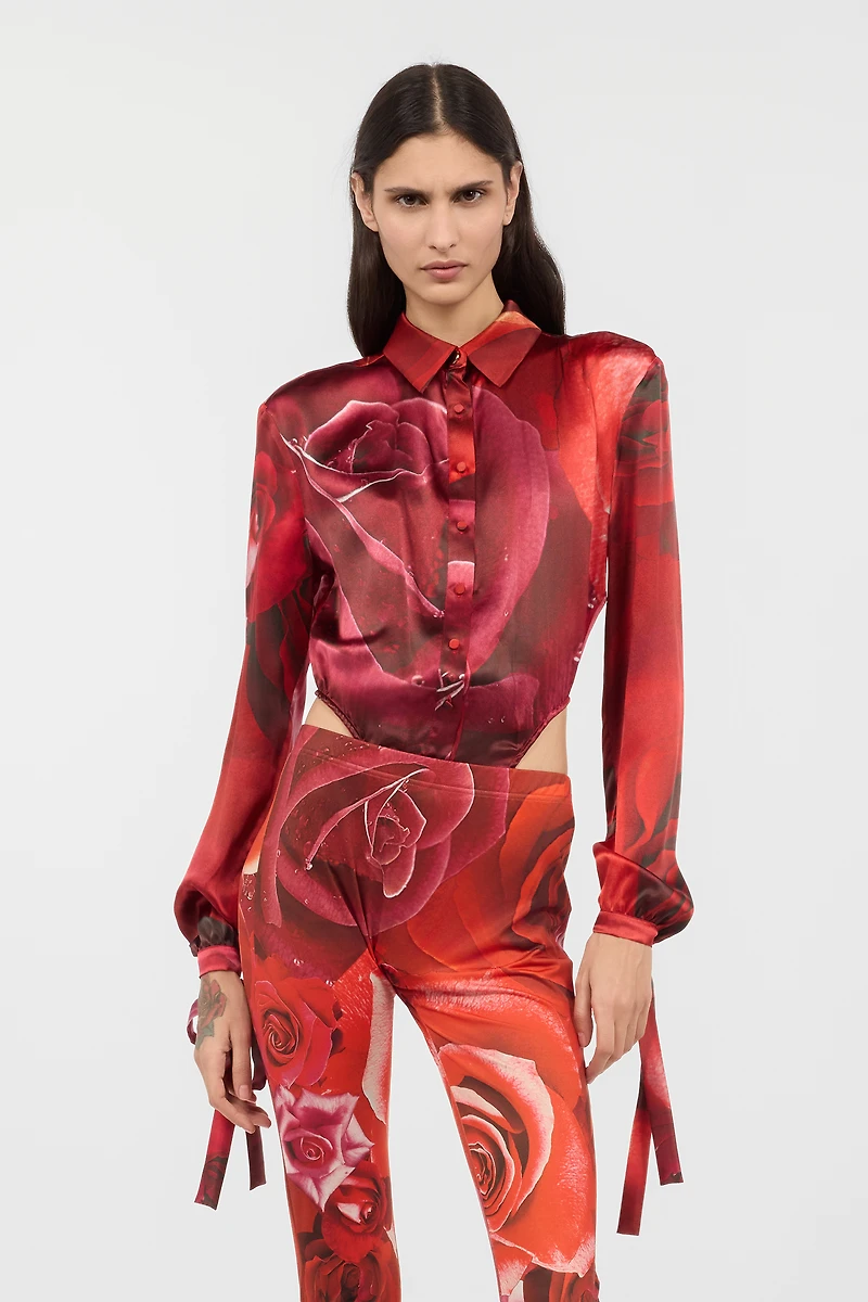 Bodysuit Shirt With Garden Rose Print