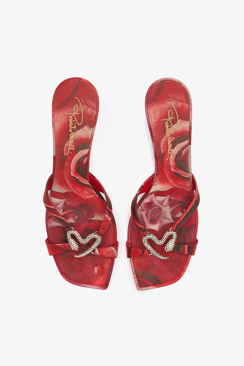 Sandals With Rose Print And Bejeweled Snake
