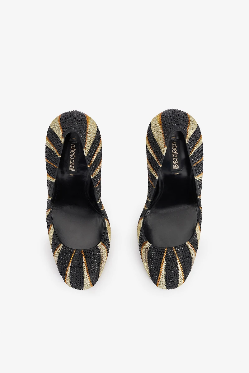 Print Satin Pumps with Rhinestones