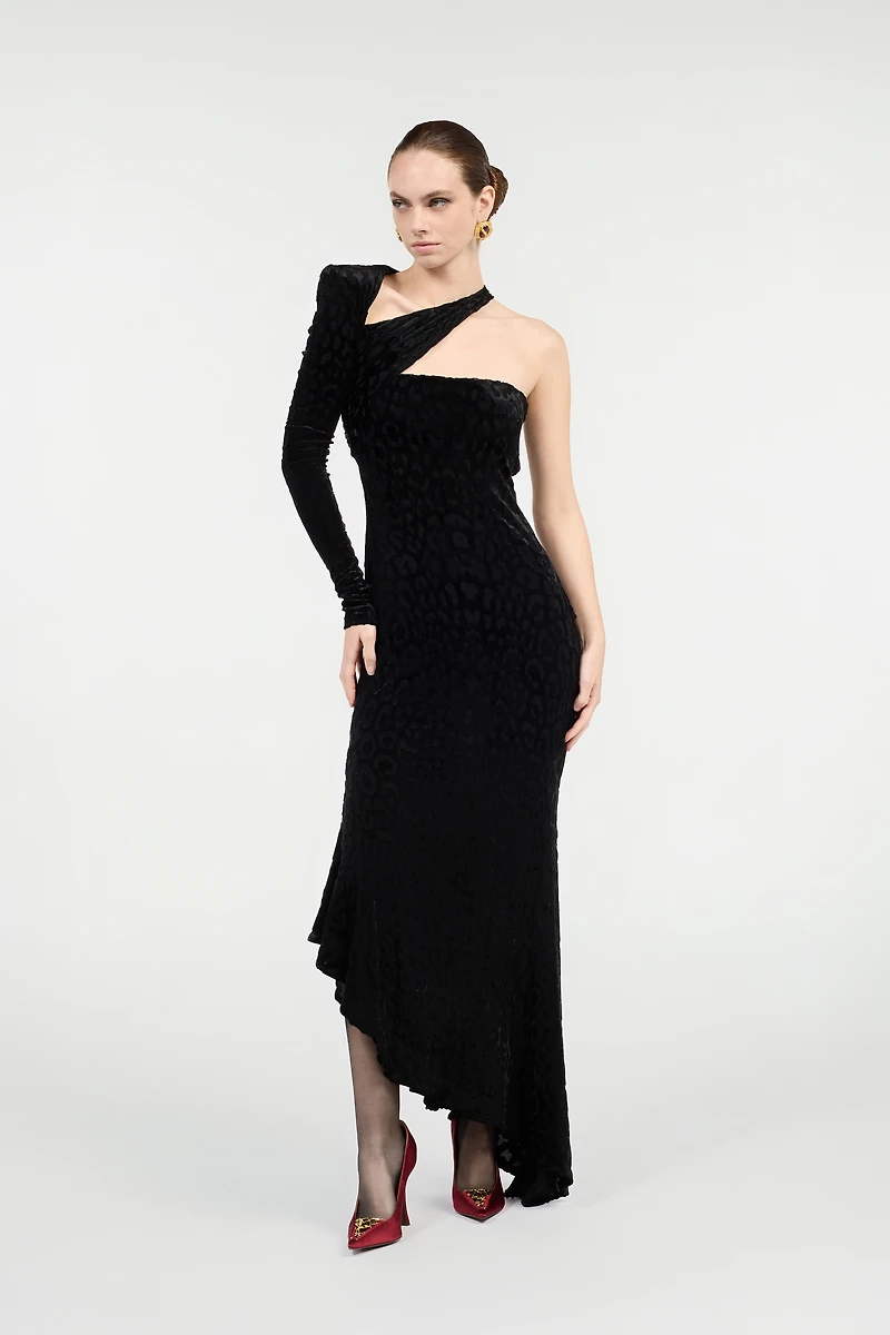 Asymmetrical Black Dress With Jaguar Skin Pattern