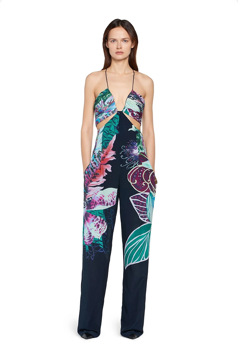 Exotic Flora print silk jumpsuit