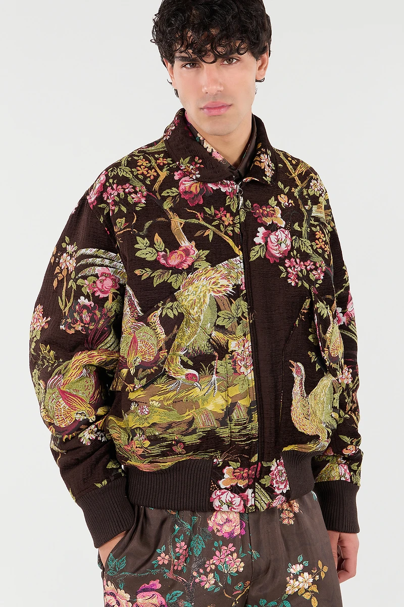 Bomber Jacket With Oriental Bird Print