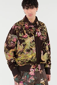 Bomber Jacket With Oriental Bird Print