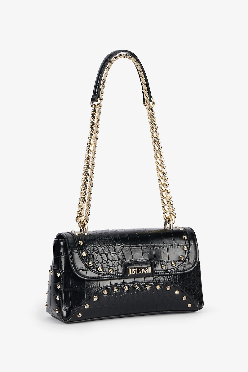 Black Croc-Effect Studded Shoulder Bag