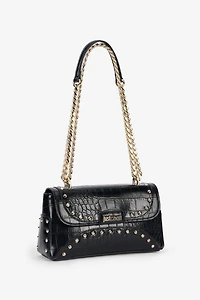 Black Croc-Effect Studded Shoulder Bag