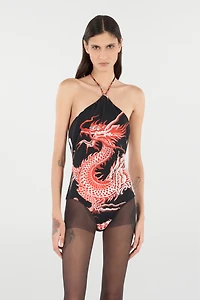 Bodysuit With Dragon, Flowers And Fans