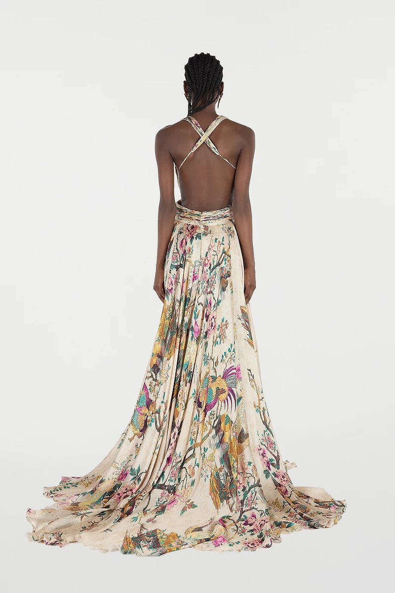 Extra-Long Silk Dress With Oriental Bird Print