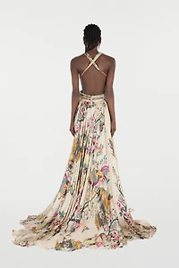Extra-Long Silk Dress With Oriental Bird Print