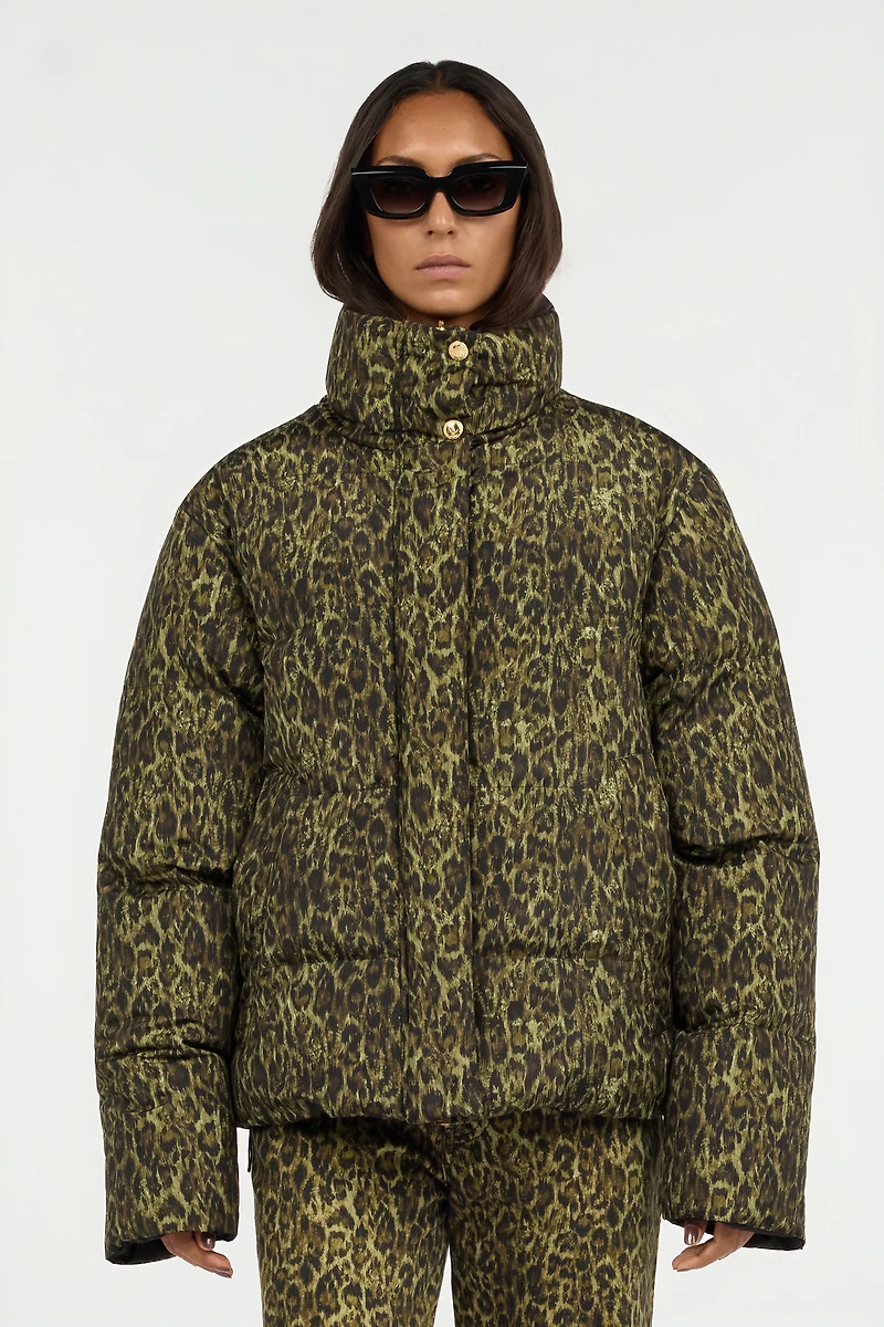 Leopard Jacquard Print Reversible Puffer Jacket