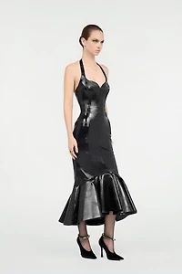 Black Genuine Leather Midi Dress