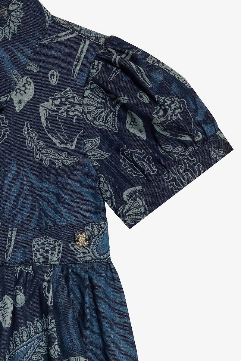 Cotton Dress With Marine Print And Flounce
