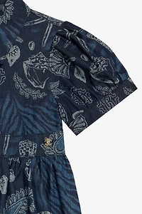 Cotton Dress With Marine Print And Flounce