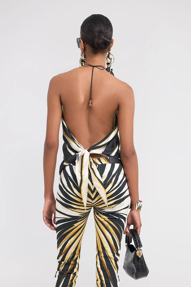 Ray Of Gold Print Silk Halter Top