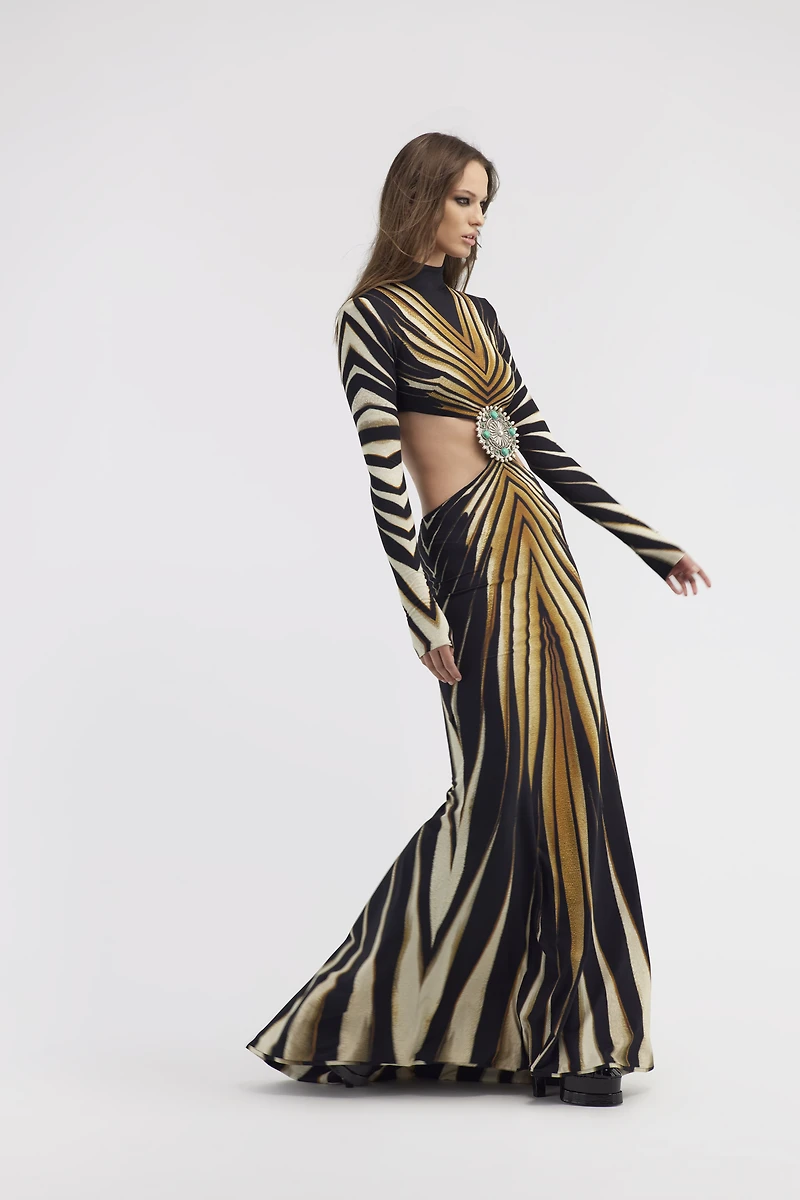 Cut-out knit dress with Ray of Gold print