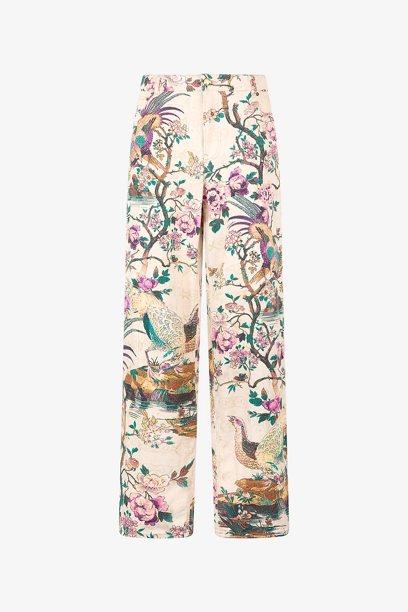 Jeans With Oriental Bird Print