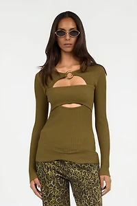 Olive Green Ribbed Cut-Out Sweater