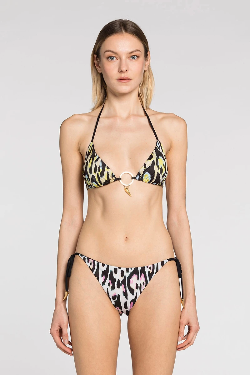 Leopard-print teeth-pendant bikini top