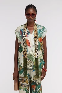 Jungle Print Silk Top With Scarf Detail